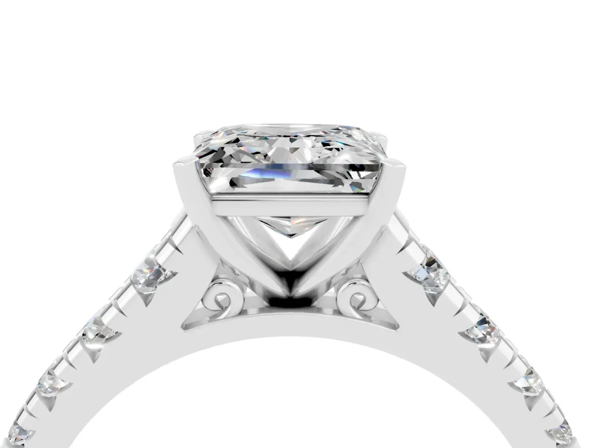 Princess Cut Moissanite Cathedral Solitaire Ring with Round Pavé Band Silver