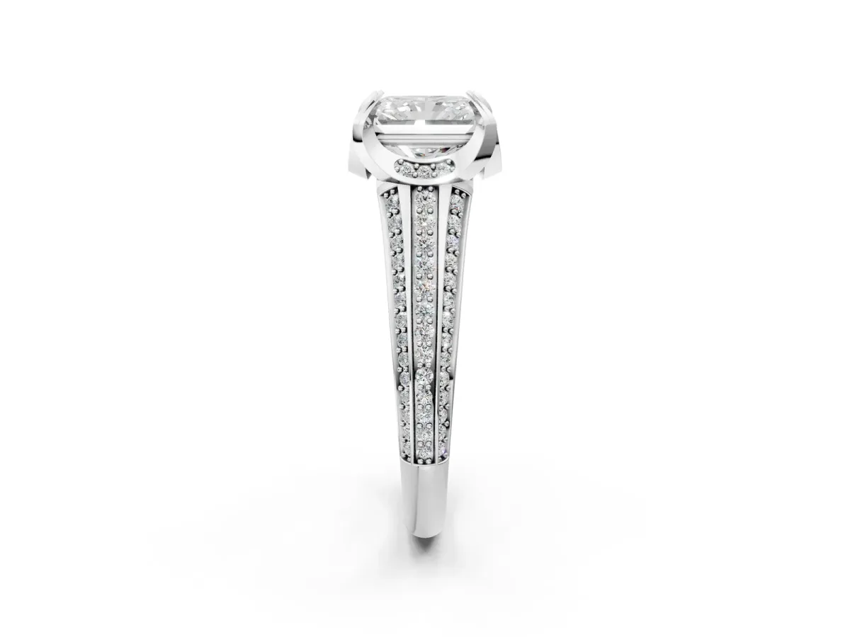 Radiant Cut Solitaire Pave Split Shank Ring with Four-Prong Setting Platinum