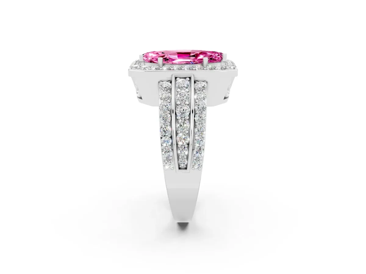 Marquise Cut Halo Pink Sapphire Ring with Round Split Shank and Prong Setting Silver