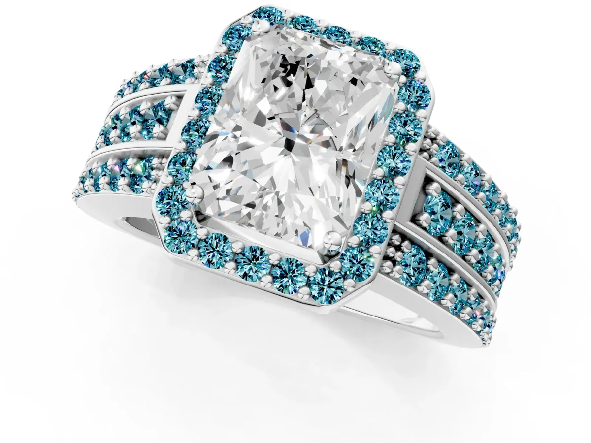 Radiant Cut Halo Diamond Ring with Round Blue Topaz Split Shank and Prong Setting Silver