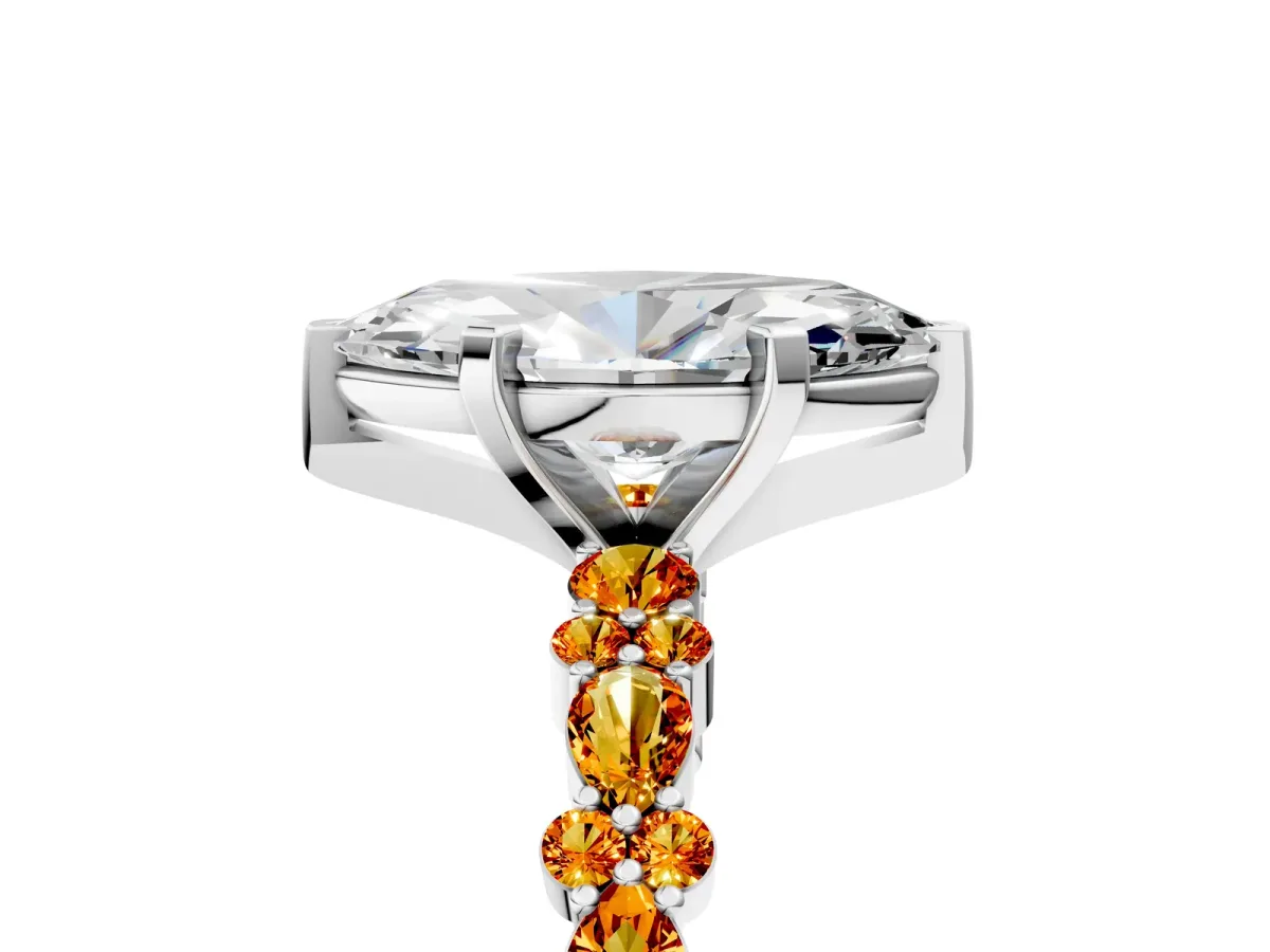 Marquise Cut Diamond Side Stone Solitaire Ring with Round Citrine and Four-Prong Setting Silver