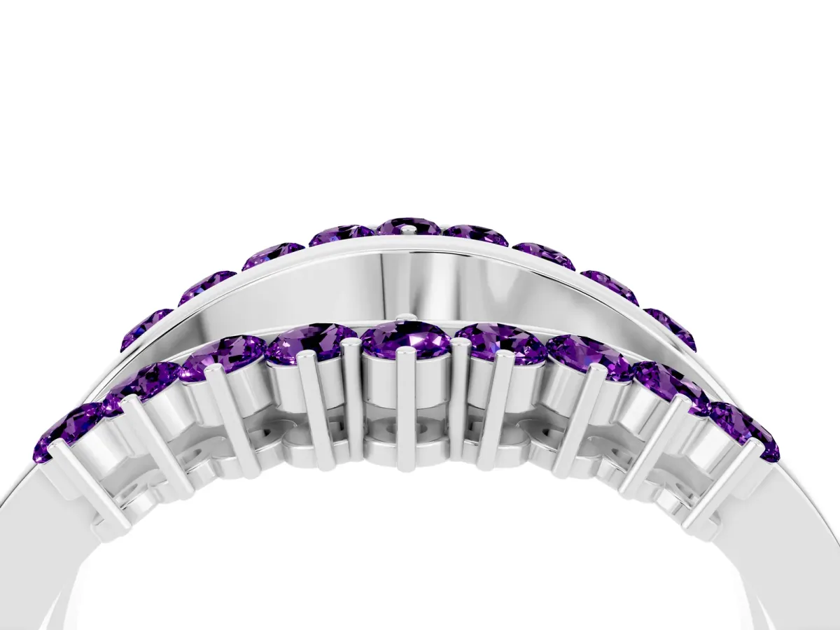 Round Amethyst Chevron Contour Band with Prong Setting Silver