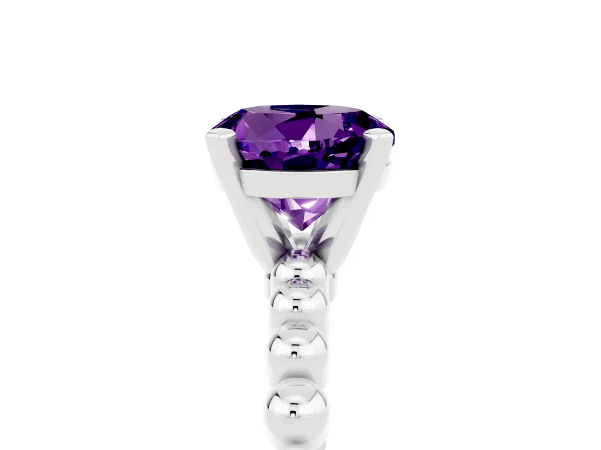Round Cut Amethyst Solitaire Ring with Beaded Band and Prong Setting Silver