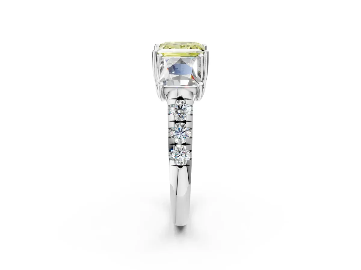 Fancy Yellow Three-Stone Princess Cut Diamond Pavé Band with Prong Setting Platinum