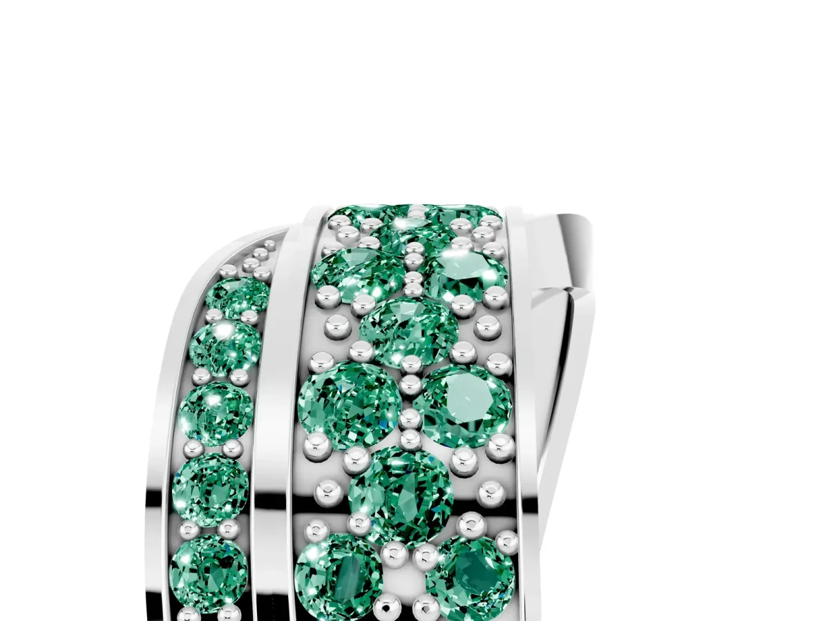 Pavé Round Green Sapphire Crossover Band with Bead Prong Setting Platinum