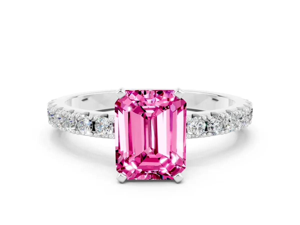 Emerald Cut Pink Sapphire Solitaire Pavé Band with Four-Prong Setting Silver