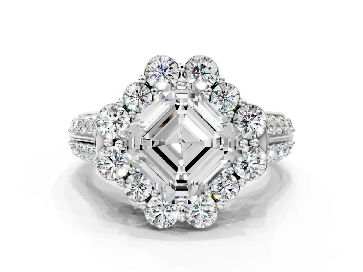 Asscher Cut Halo Diamond Engagement Ring with Split Shank and Prong Setting Platinum