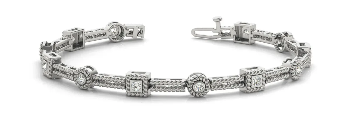 Round Bezel-Set Diamond Rope Chain Bracelet White gold