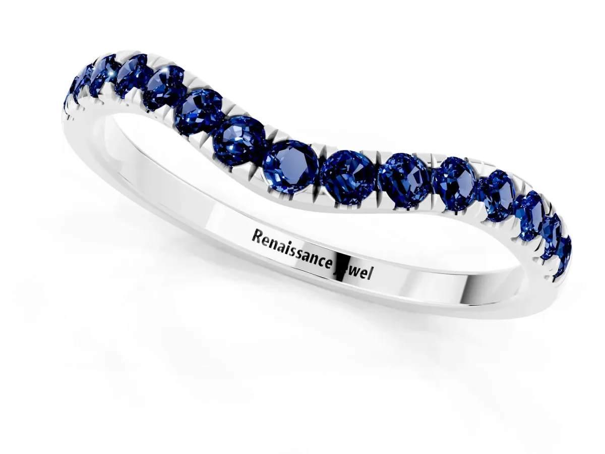 Curved Pavé Round Blue Sapphire Wedding Band with Shared Prong Setting White gold