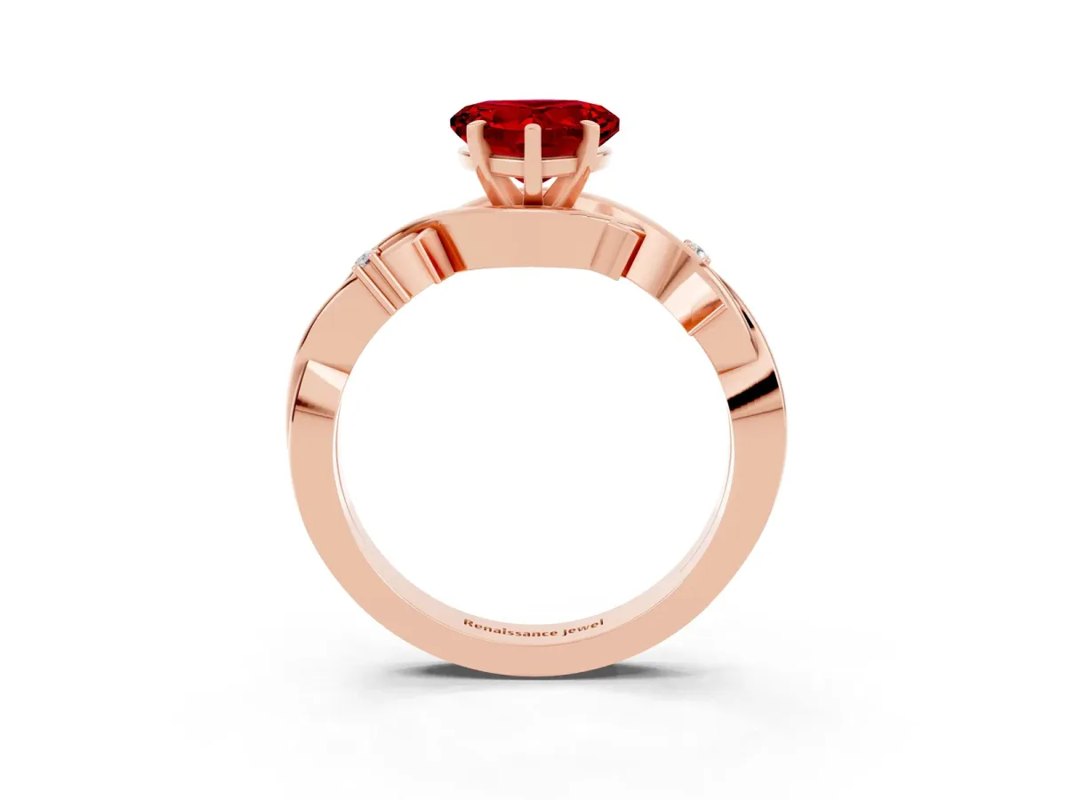 Heart Cut Ruby Solitaire Ring with Twisted Band and Prong Setting Rose gold