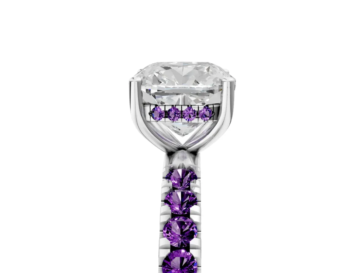 Cushion Cut Diamond Pave Band Solitaire Ring with Round Amethyst and Prong Setting Silver