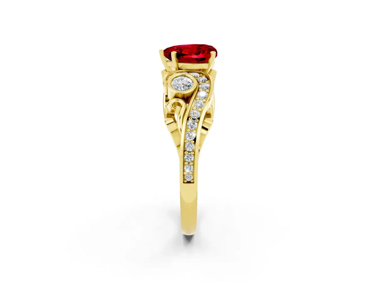 Heart Cut Ruby Solitaire Ring with Milgrain Pavé Band and Four-Prong Setting Yellow gold