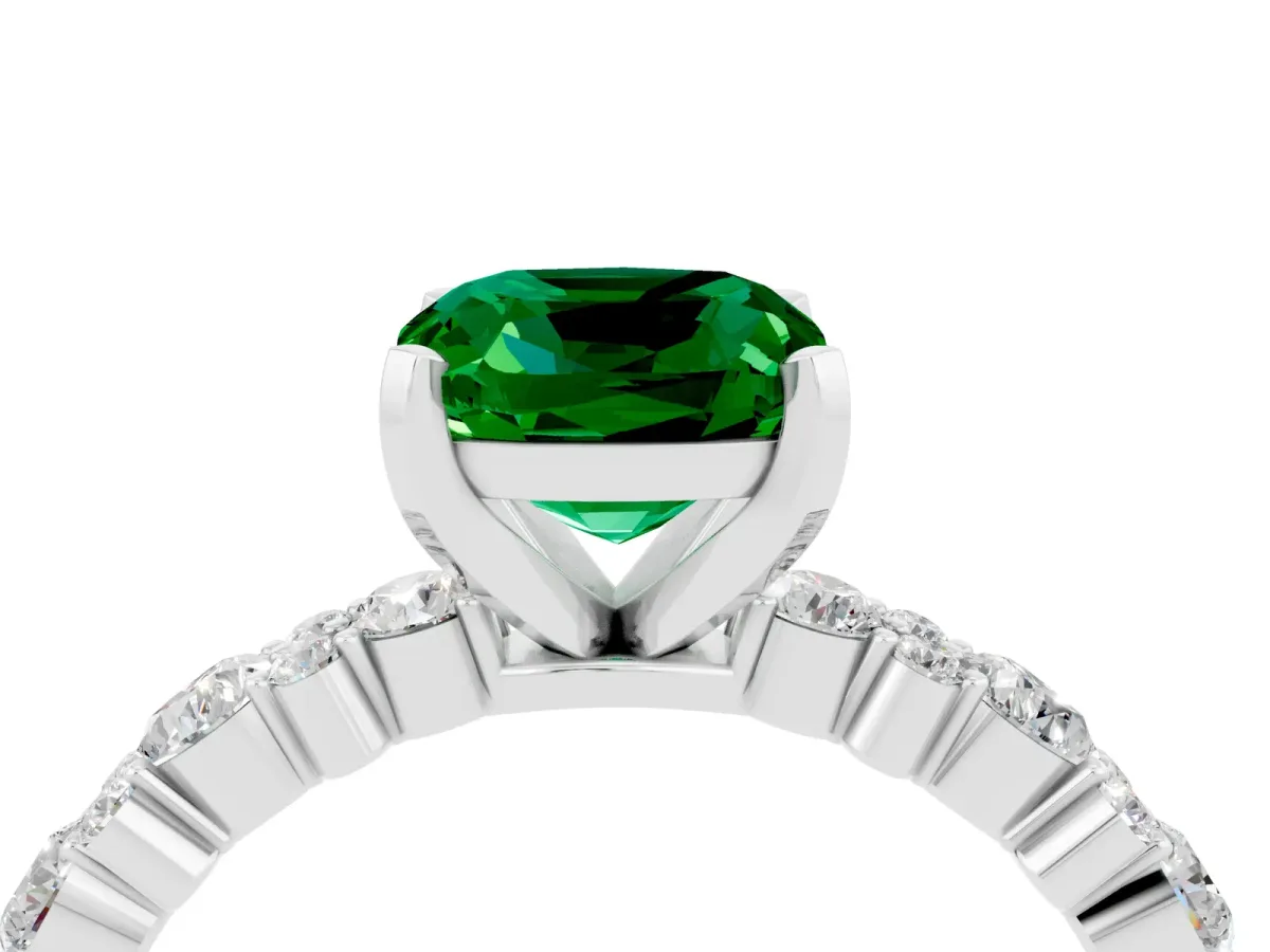 Cushion Cut Emerald Side Stone Solitaire Ring with Round and Four-Prong Setting Platinum