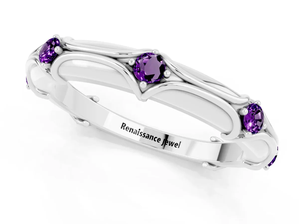 Round Amethyst Prong Set Milgrain Eternity Band Platinum