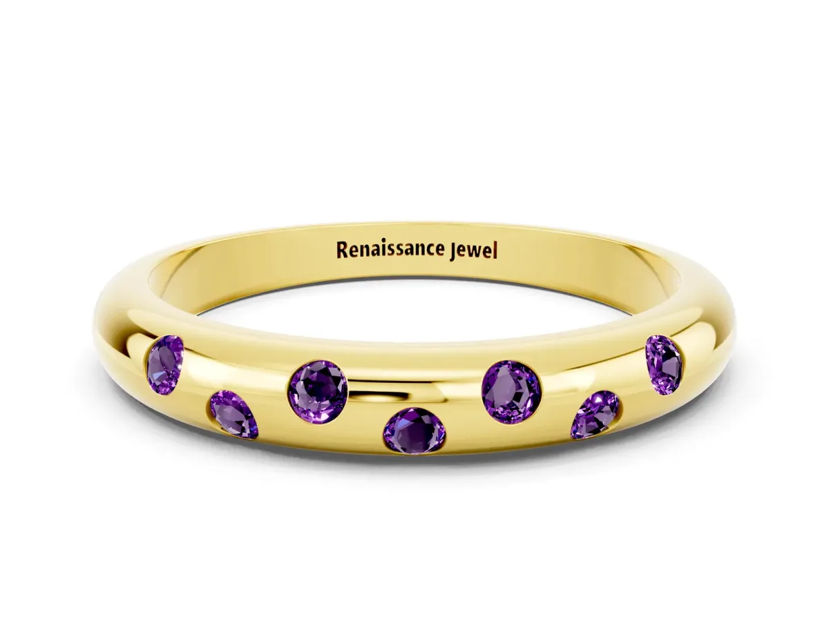 Round Amethyst Flush-Set Comfort Fit Band Yellow gold