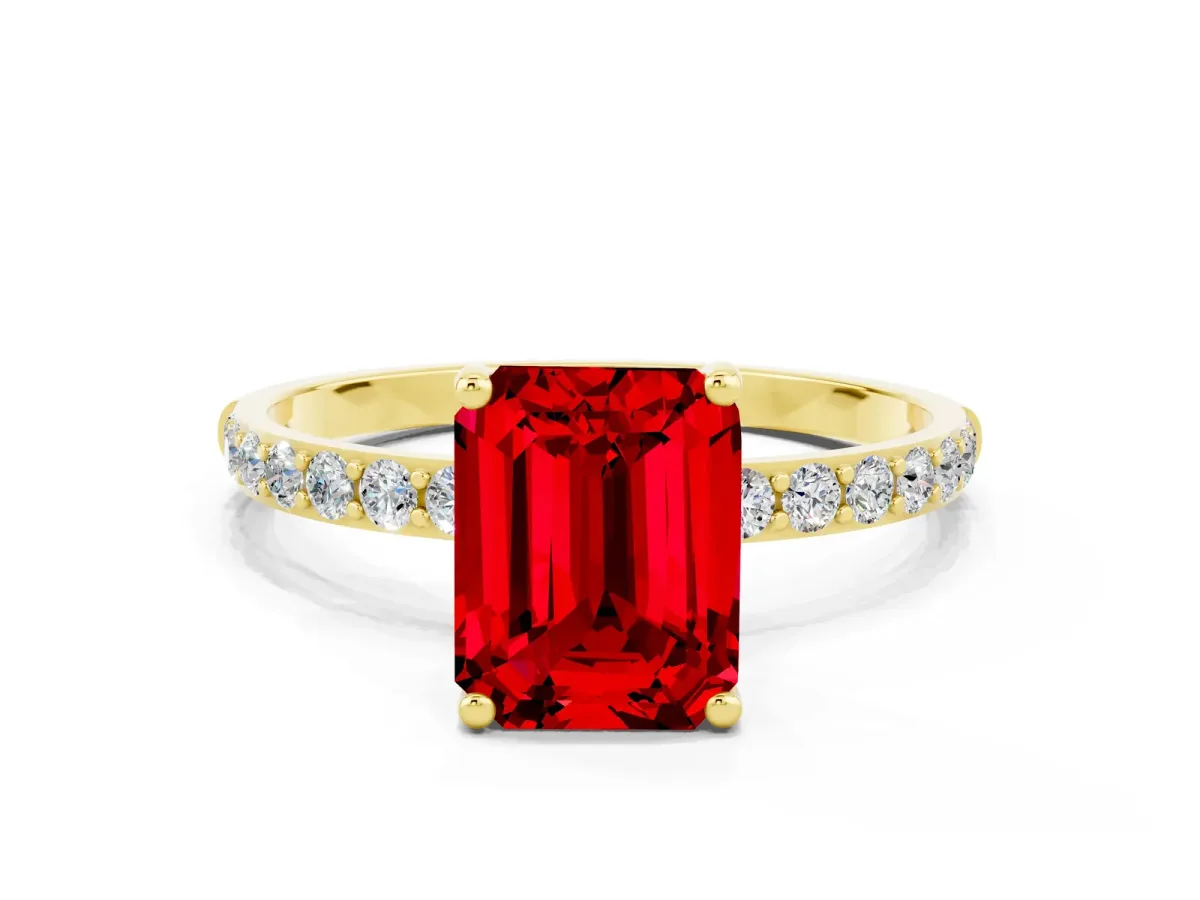 Emerald Cut Ruby Solitaire Ring with Round Pavé Band and Prong Setting Yellow gold