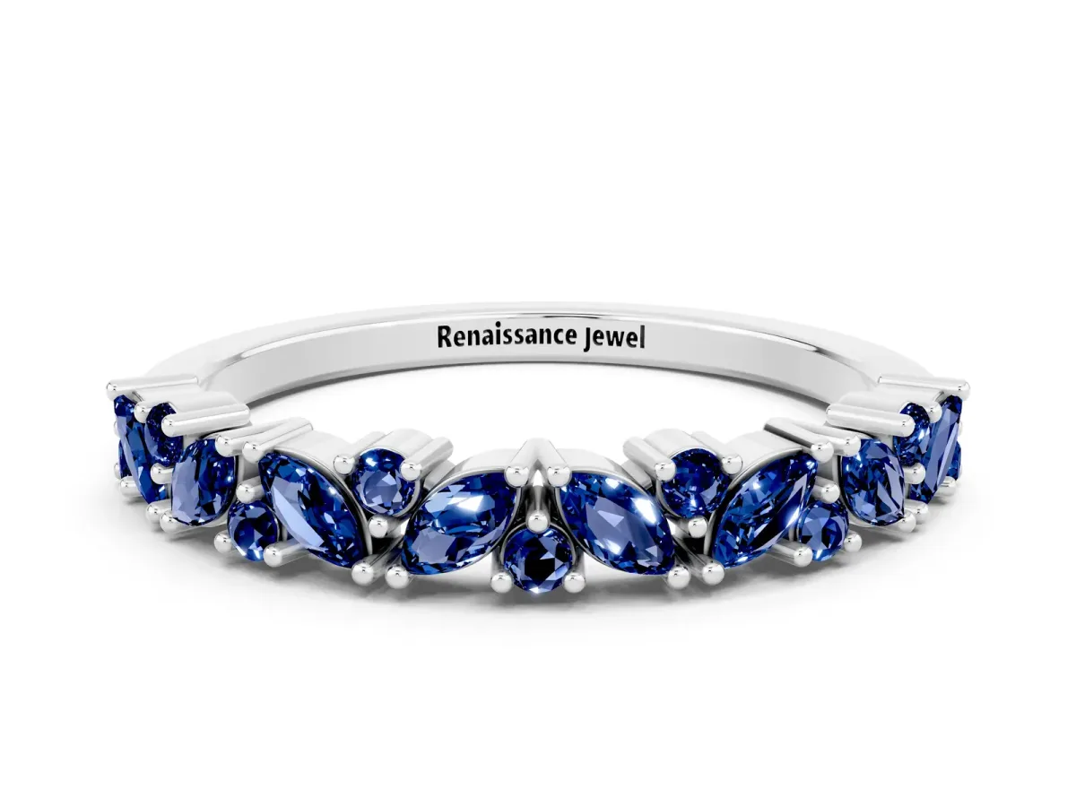 Marquise and Round Blue Sapphire Vine Eternity Band with Prong Setting Silver