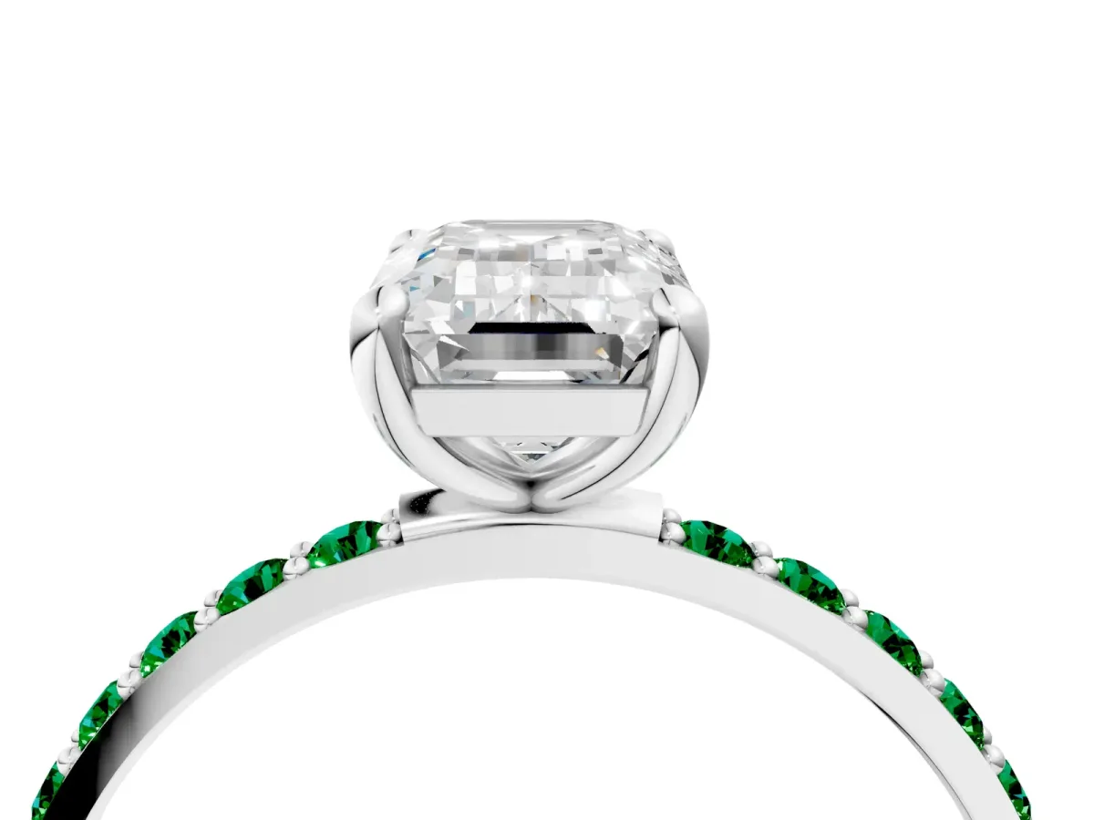 Emerald Cut Diamond Solitaire Ring with Round Emerald Pavé Band and Prong Setting Platinum