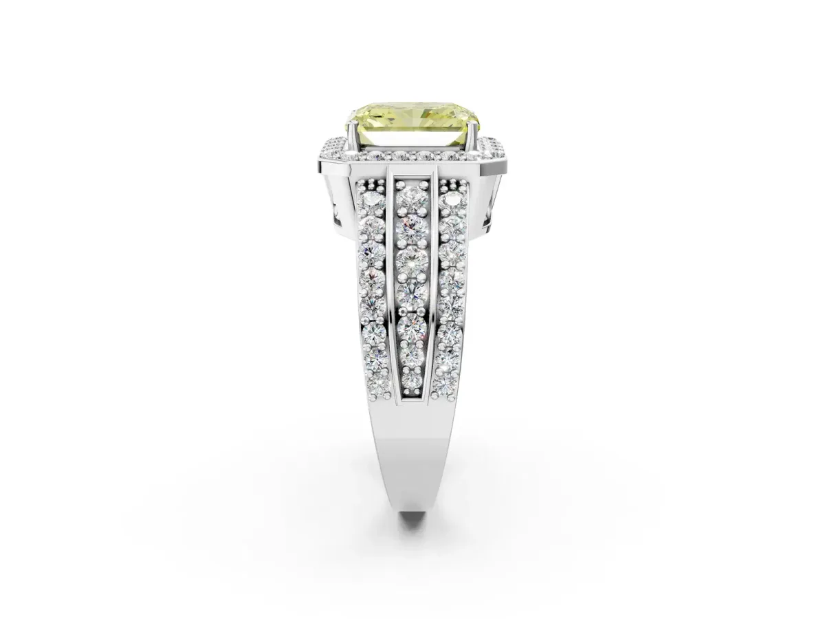 Fancy Yellow Radiant Cut Halo Diamond Ring with Round Split Shank and Prong Setting Silver