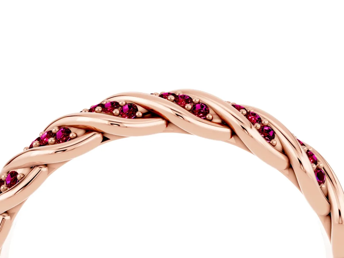 Twisted Pavé Round Garnet Eternity Band with Shared Prong Setting Rose gold