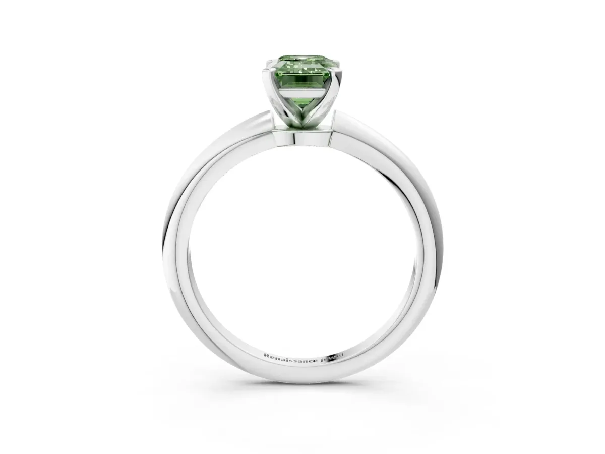 Fancy Green Emerald Cut Diamond Solitaire Ring with Six-Prong Setting and Classic Band Silver
