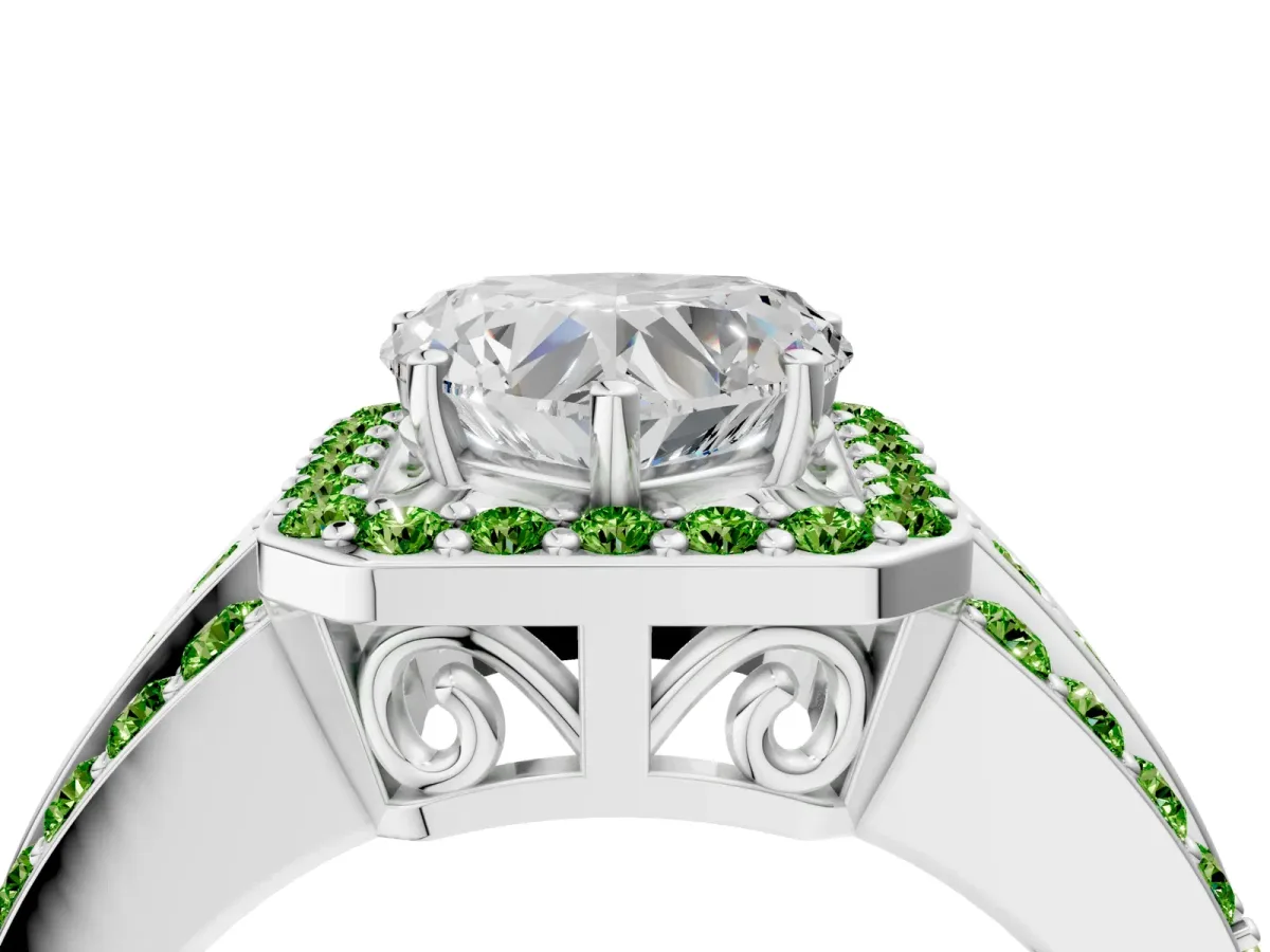 Heart Cut Halo Diamond Ring with Round Peridot Split Shank and Prong Setting Silver