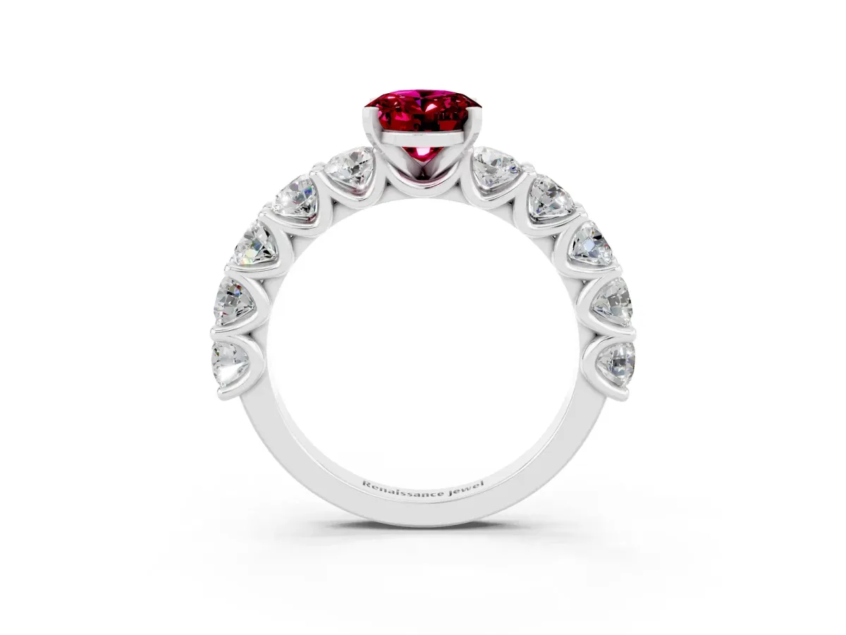 Oval Cut Garnet Prong Setting with Side Stones on a Pave Band Silver