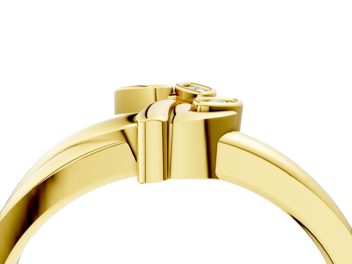 Three-Stone Round Diamond Leaf Bypass Ring with Bezel Setting Yellow gold