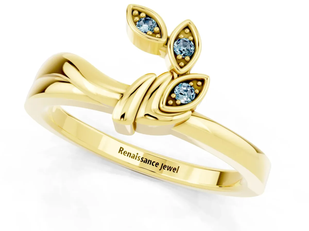 Three-Stone Round Aquamarine Leaf Bypass Ring with Bezel Setting Yellow gold
