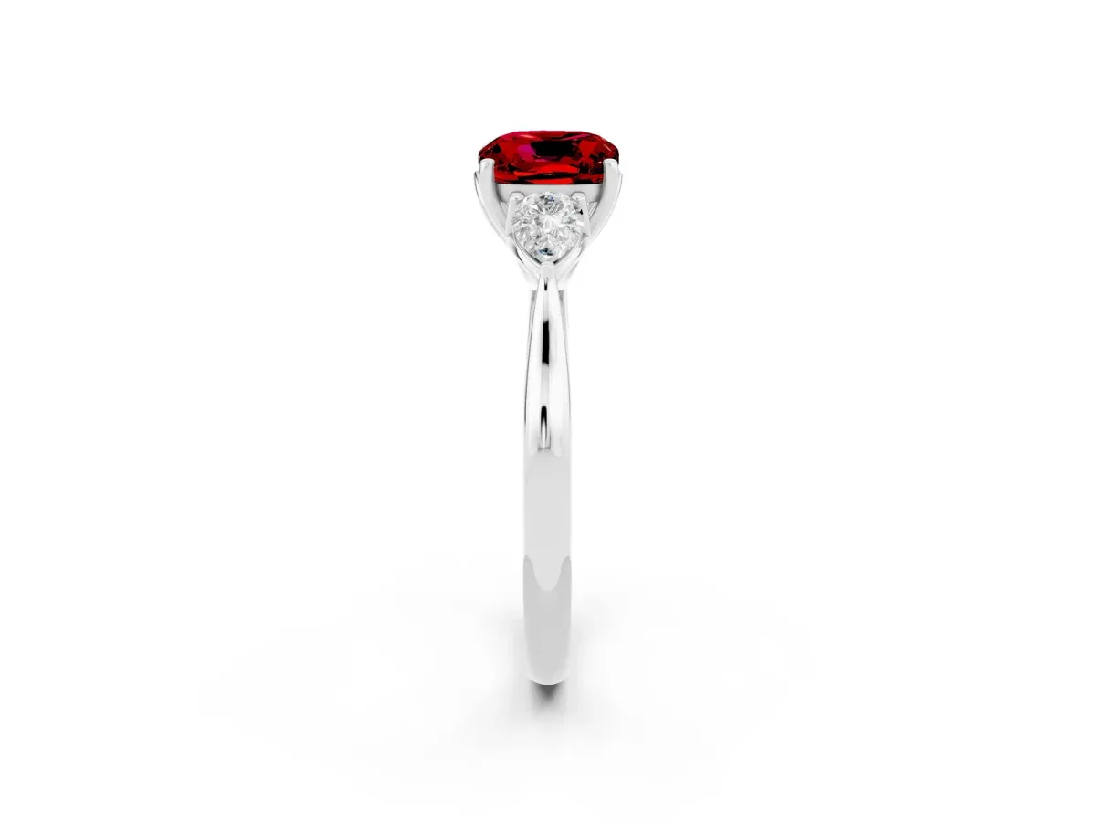 Three-Stone Cushion Cut Ruby Ring with Pear Side Stones in Four-Prong Setting White gold