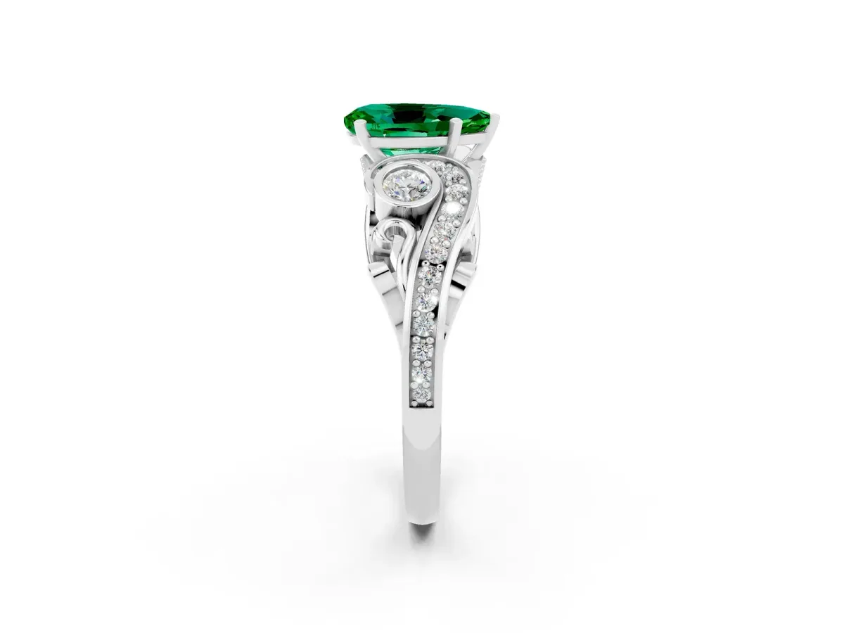 Pear Cut Emerald Solitaire Ring with Milgrain Pavé Band and Four-Prong Setting Silver