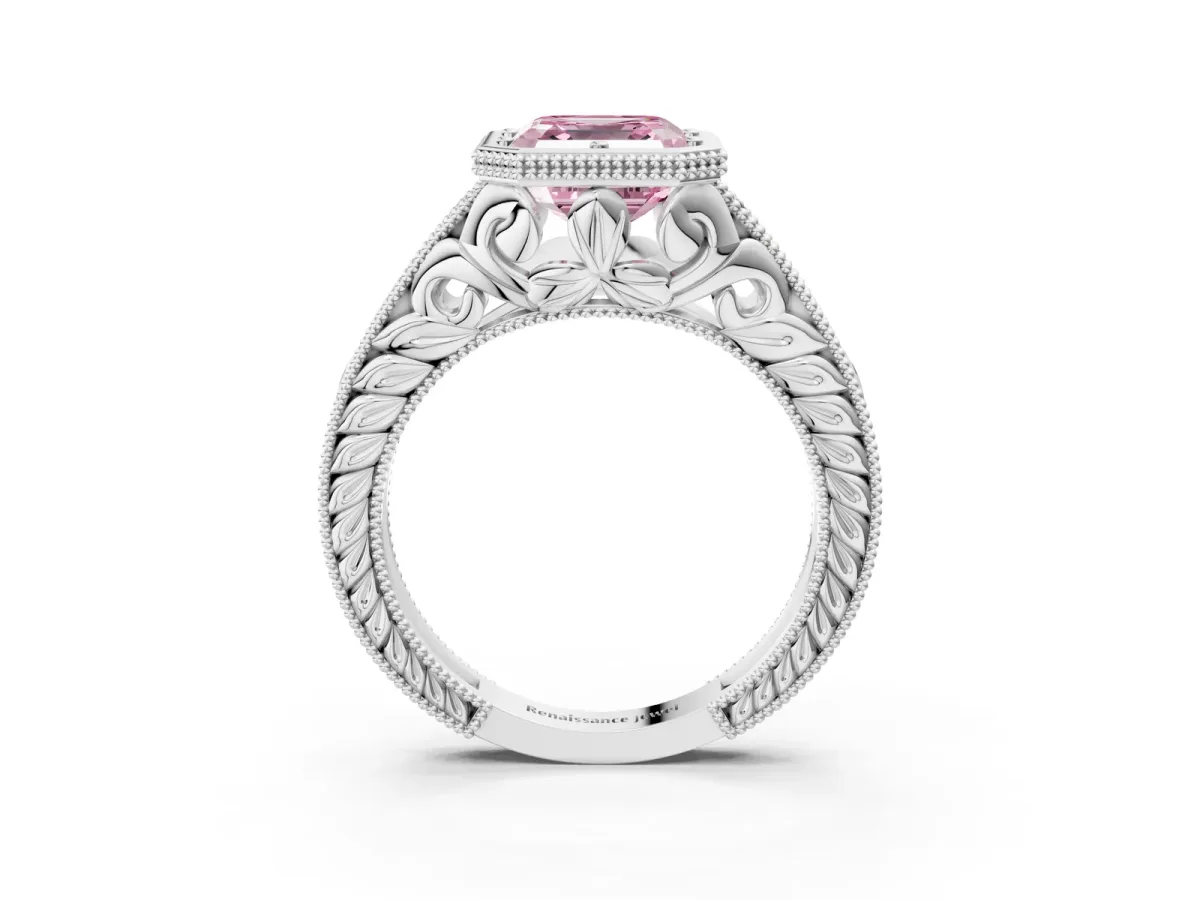 Fancy Pink Bezel Set Asscher Cut Diamond Milgrain Pave Engagement Ring Platinum