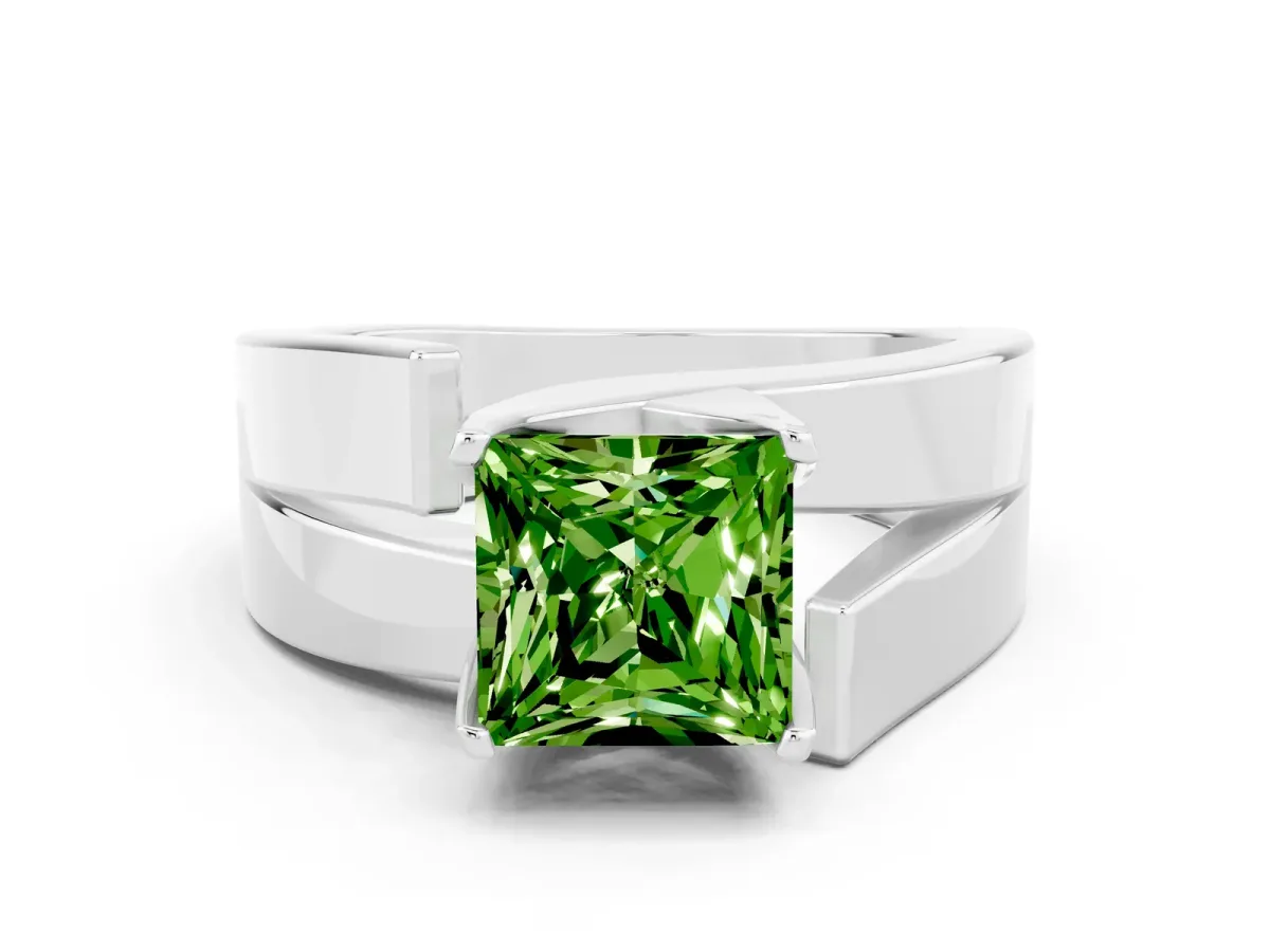 Modern Tension Set Princess Cut Peridot Solitaire Wide Band Ring Silver