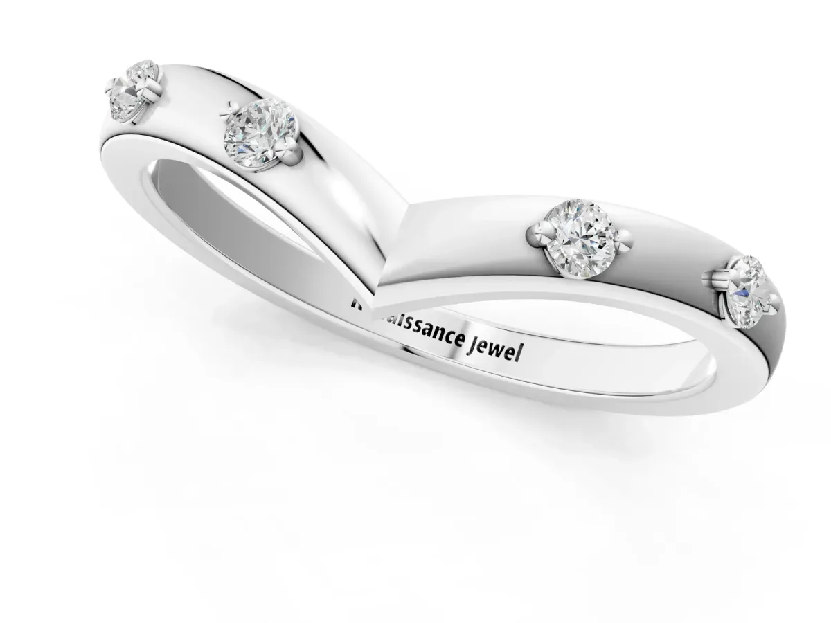 Diamond Chevron Band with Round Stones and Prong Setting White gold