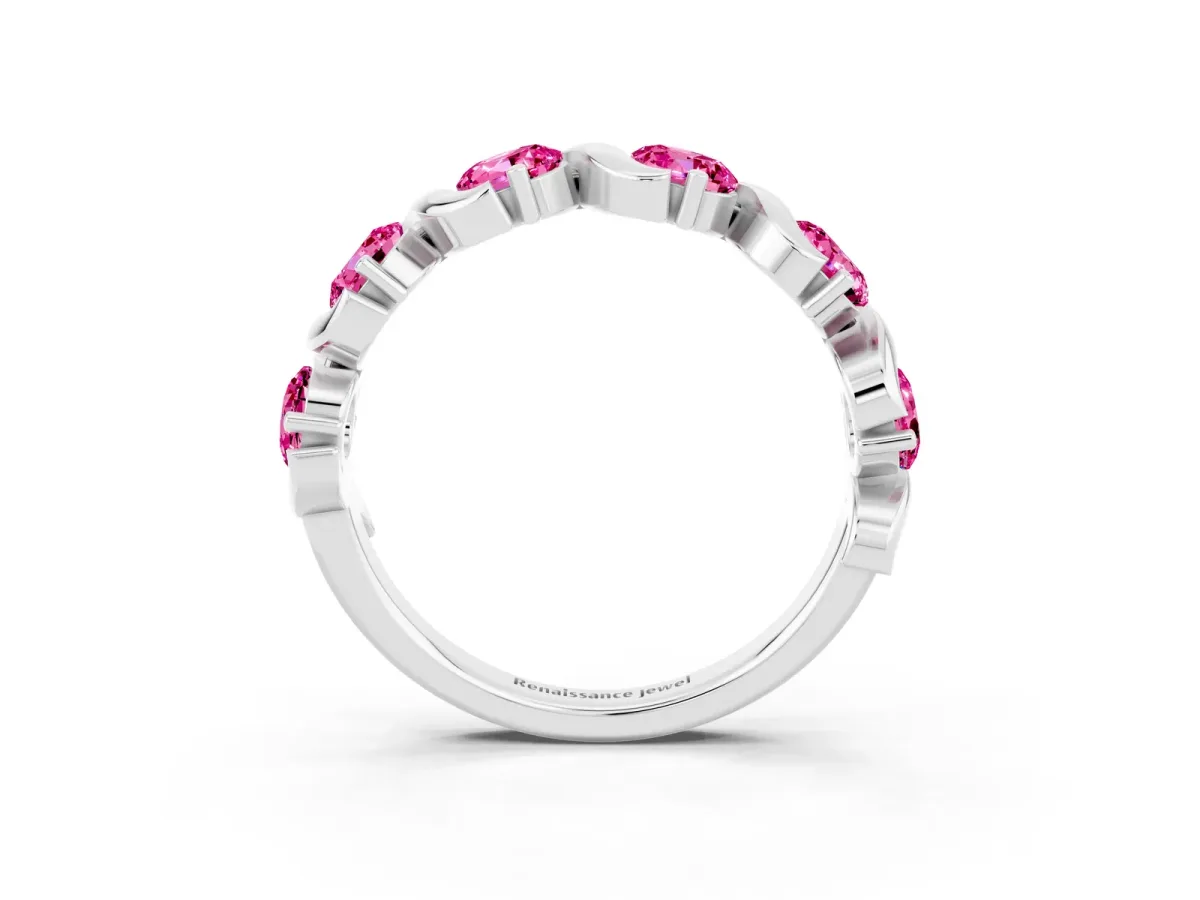 Round Pink Sapphire Half Eternity Band with Wave Prong Setting Platinum