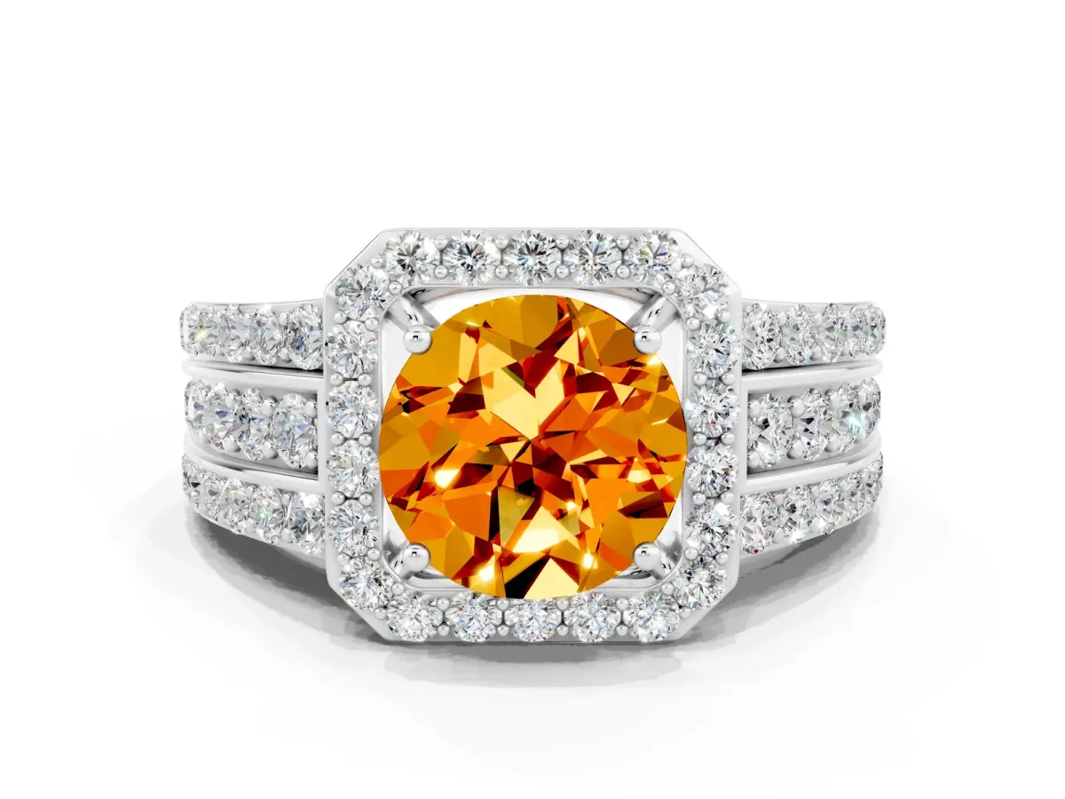 Round Cut Halo Citrine Ring with Round Split Shank and Prong Setting Platinum