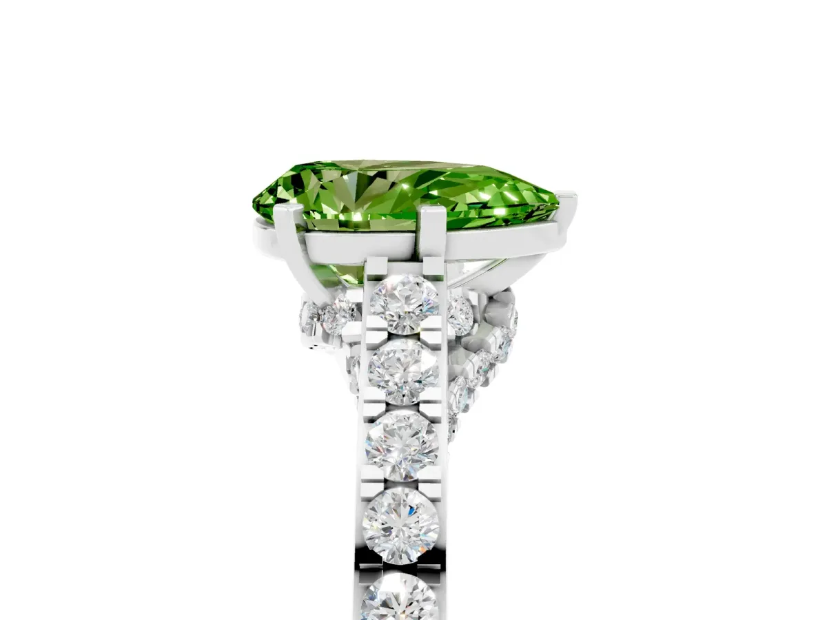Pear Cut Peridot Solitaire Ring with Crossover Gallery and Round Pavé Band Silver