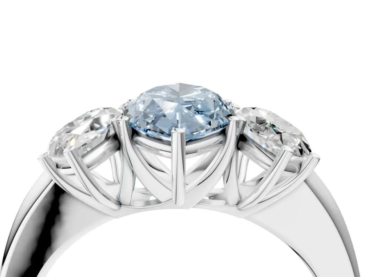 Fancy Blue Marquise Cut Diamond Three-Stone Ring with Four-Prong Setting and Classic Band Platinum