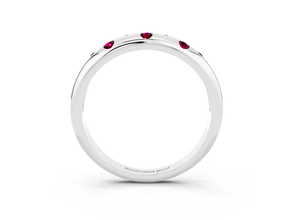 Round Garnet Flush-Set Comfort Fit Band Silver