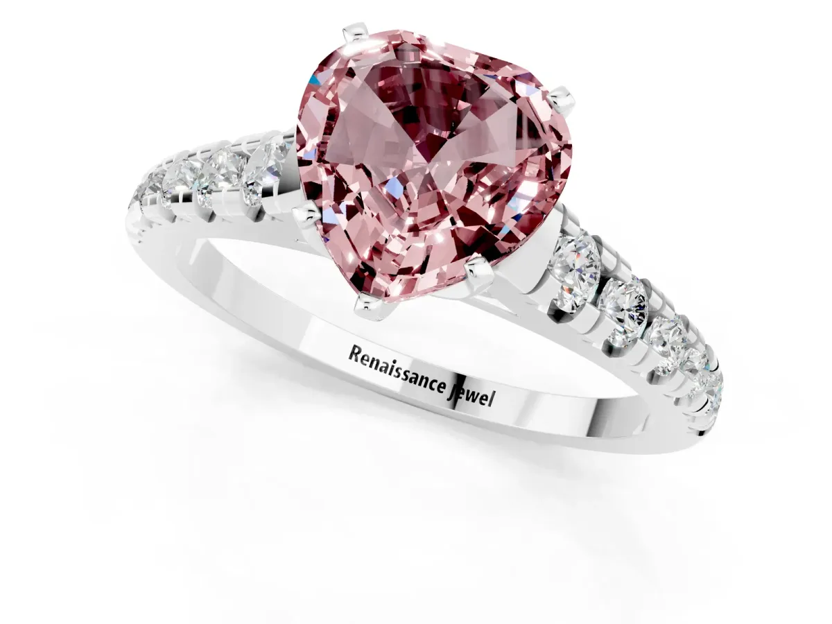 Heart Cut Morganite Cathedral Solitaire Ring with Round Pavé Band Silver