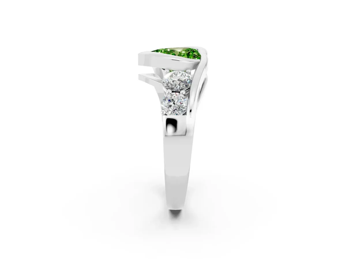 Bezel Set Heart Cut Peridot Bypass Ring with Round Accents Silver