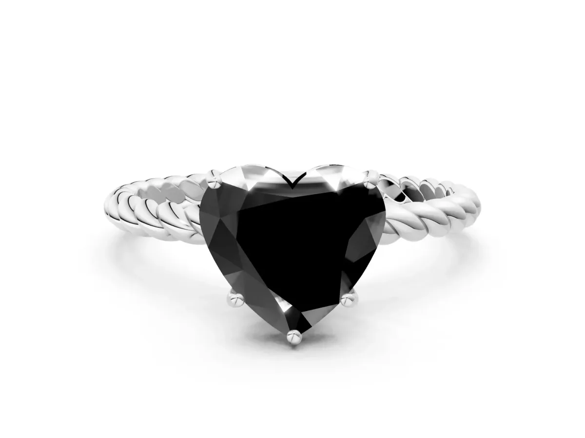 Fancy Black Heart Cut Solitaire Twisted Band 4-Prong Ring Platinum