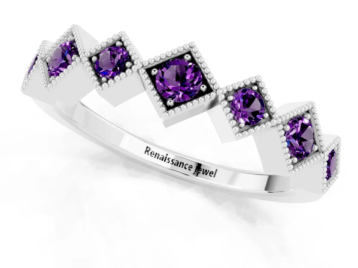 Milgrain Square Bezel Round Amethyst Chevron Band Platinum