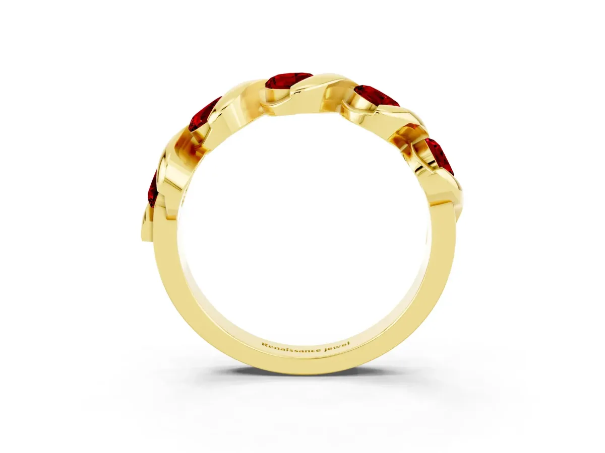 Round Ruby Wave Band with Channel Setting and Shared Prongs Yellow gold
