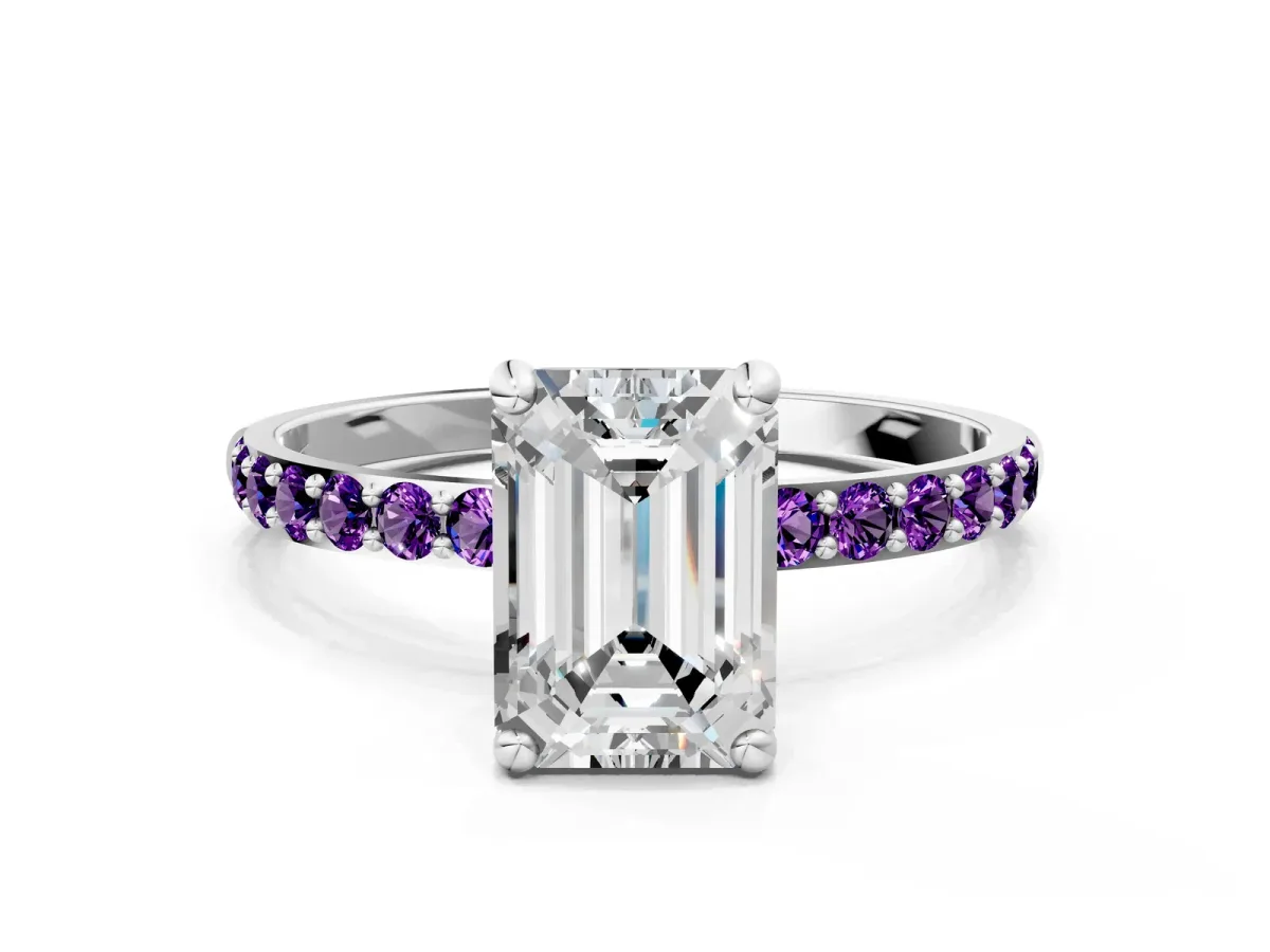 Emerald Cut Diamond Solitaire Ring with Round Amethyst Pavé Band and Prong Setting Platinum