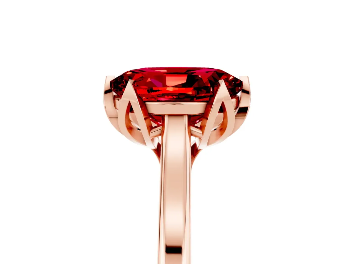 Oval Cut Ruby Solitaire Ring with Flower Prong Setting and Classic Band Rose gold