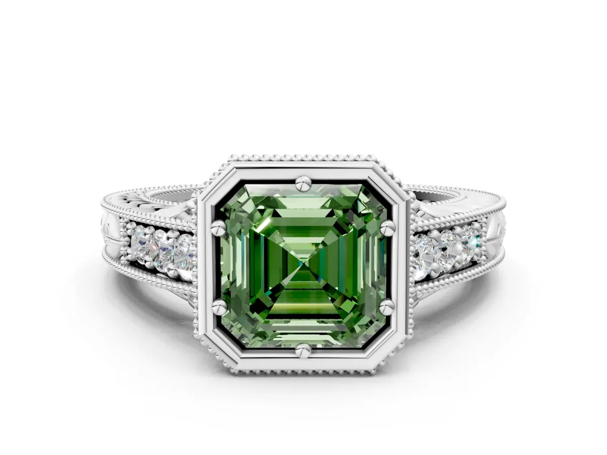 Fancy Green Bezel Set Asscher Cut Diamond Milgrain Pave Engagement Ring Platinum