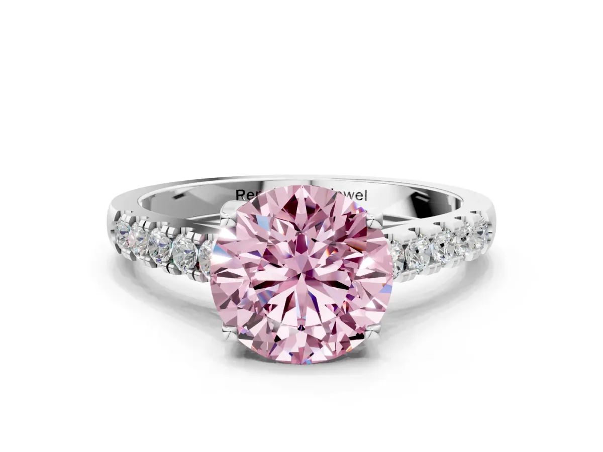 Fancy Pink Round Cut Diamond Pavé Band Solitaire Ring with Prong Setting White gold