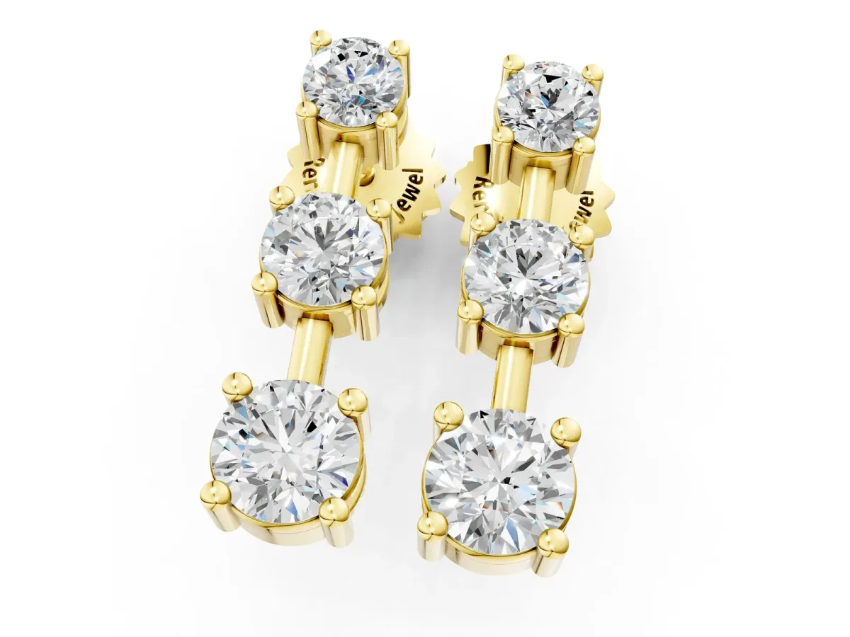 Three-Stone Round Cut Drop Earrings with Prong Setting Yellow gold