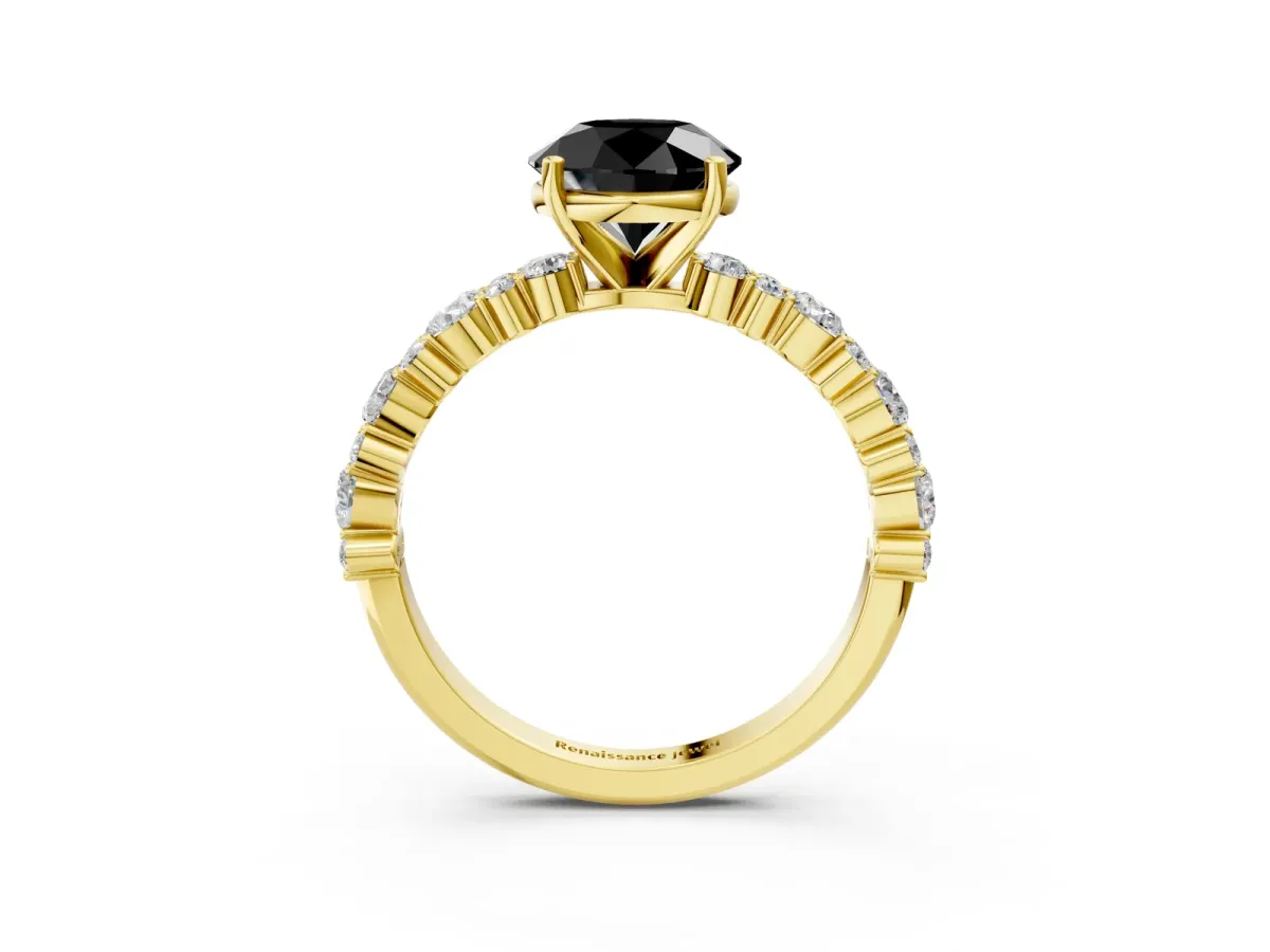 Fancy Black Round Cut Diamond Side Stone Solitaire Ring with Round and Four-Prong Setting Yellow gold